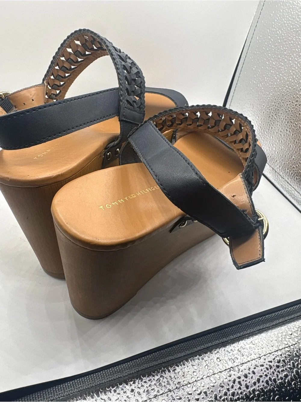 Tommy Hilfiger Black Woven-Strap Platform Wedges